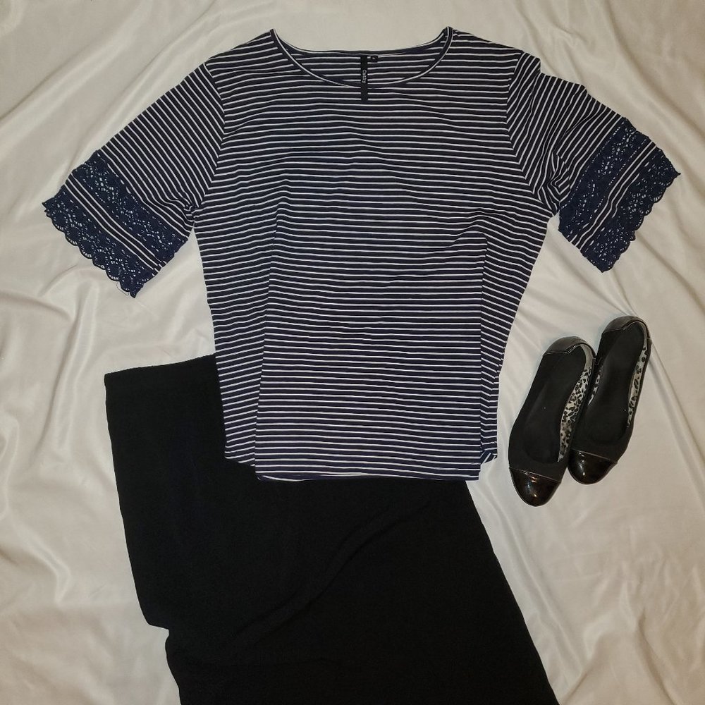 Navy Blue and White Striped Half Sleeve Top
